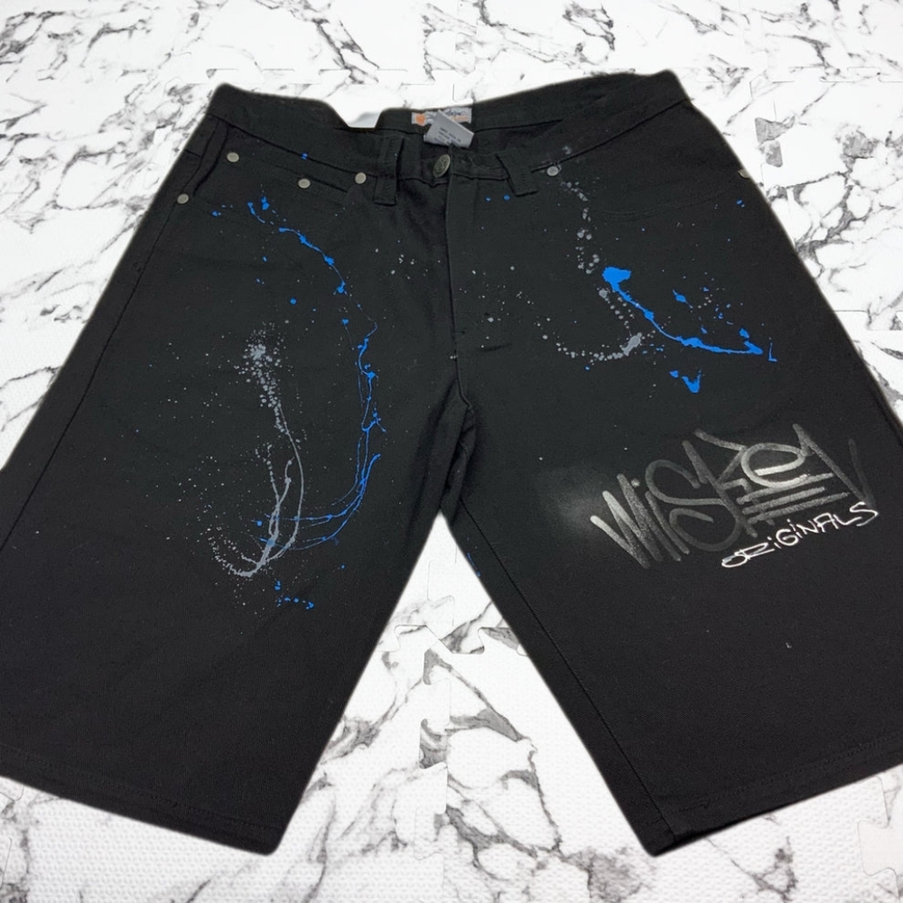 Men's Miskeen Jet Black Hand Painted Denim Shorts NWT